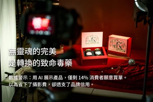 相機拍攝專業擺設的商品，提醒「無靈魂的完美」由AI生成反而會導致消費者不信任，影響轉換率。