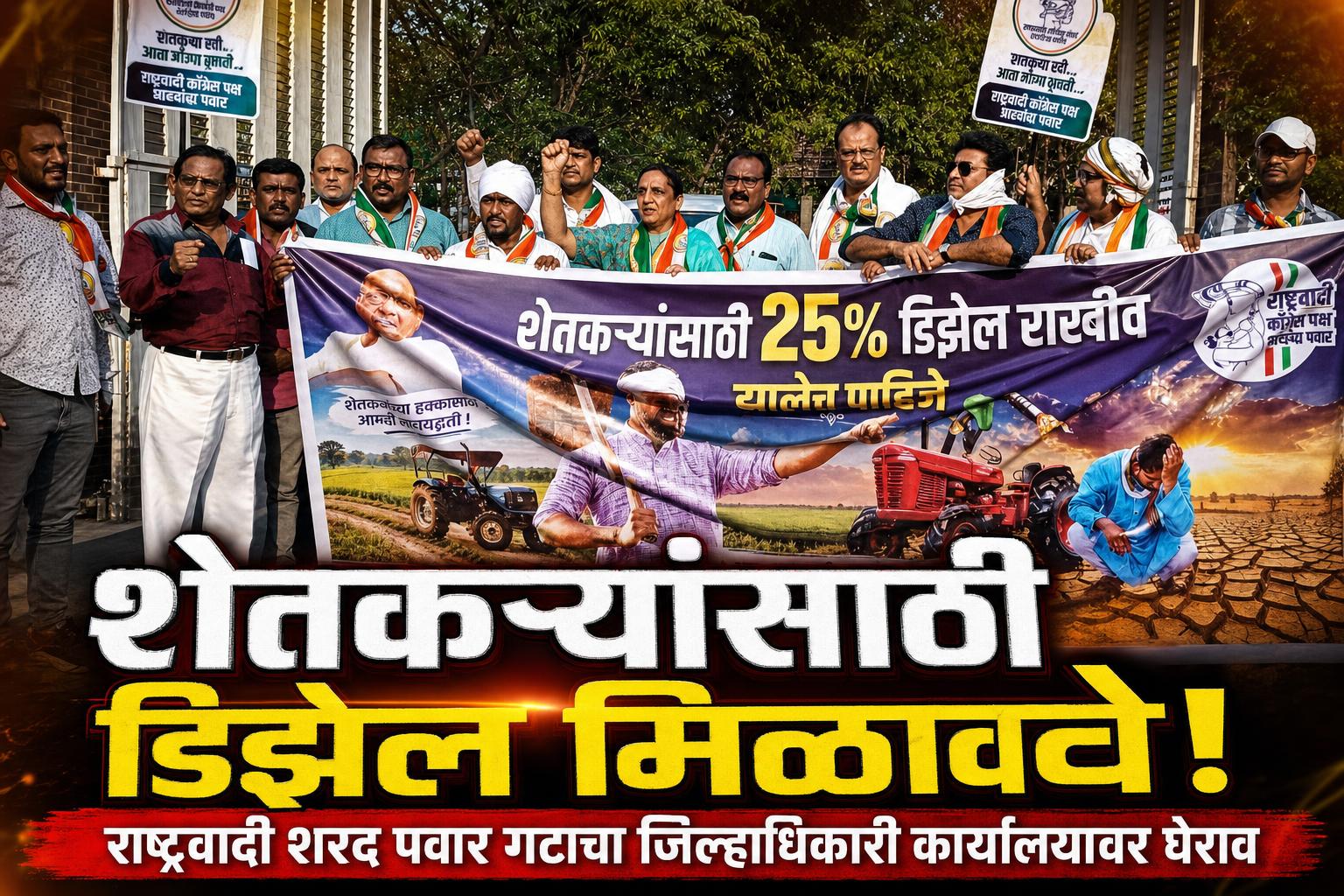 शेतकऱ्यांना डिझेल मिळावे, म्हणून राष्ट्रवादी शरद पवार गटाचा जिल्हाधिकारी कार्यालयावर चार तास घेराव