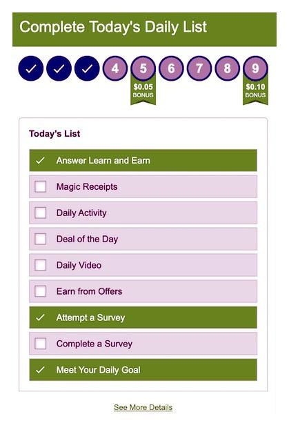 Daily List panel showing checklist items and small streak bonuses