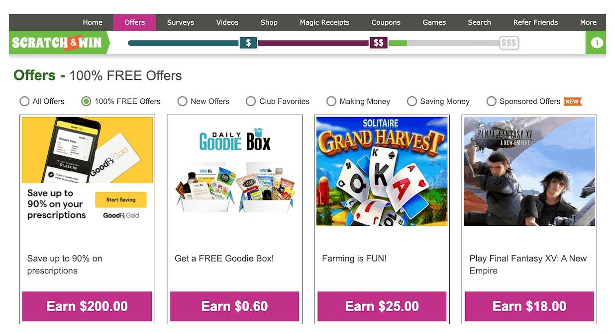 Offer wall showing free offers, game offers, and larger advertised payouts