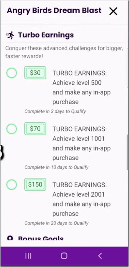 Game offer details: the higher rewards usually come with milestones, deadlines, and sometimes purchase requirements.