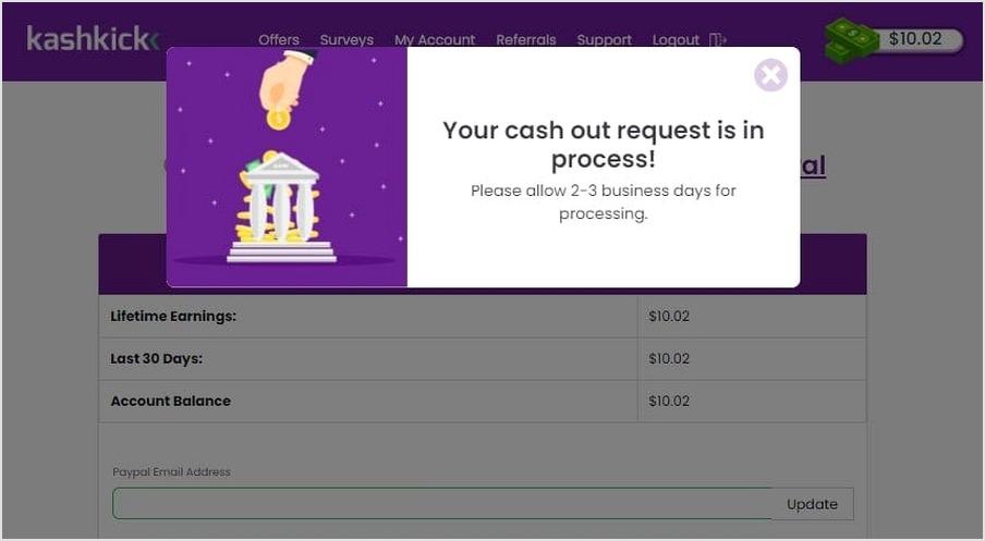 Cashout confirmation screen: after requesting a withdrawal, KashKick shows the request as processing.