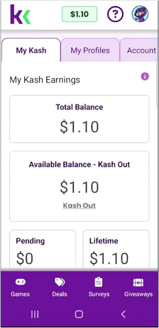 My Kash page: money needs to be available before it can be cashed out.