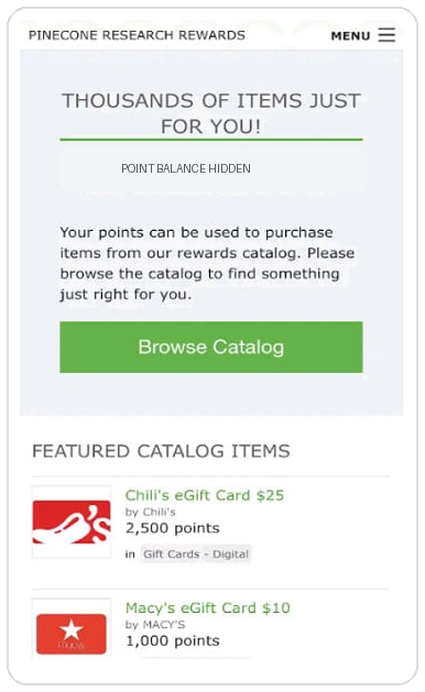 Rewards catalog view after login, with the visible account balance hidden.