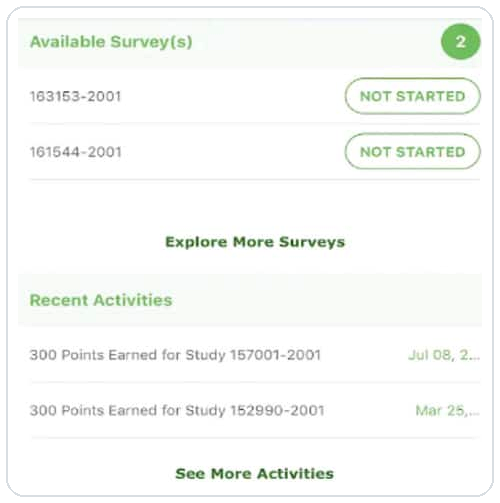 Available surveys and recent activity area inside the Pinecone Research dashboard.