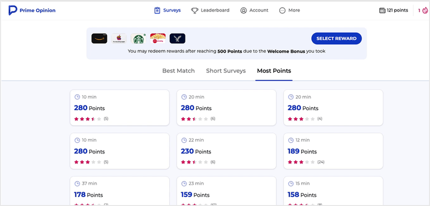 The Most Points tab was the view I used most because it made the better-paying survey cards easier to find.