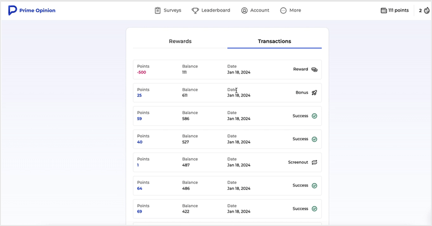 The account history made it easy to see survey earnings, bonus points, and the reward redemption in one place.