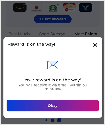 After redeeming, the confirmation screen said the reward would arrive by email within 30 minutes.