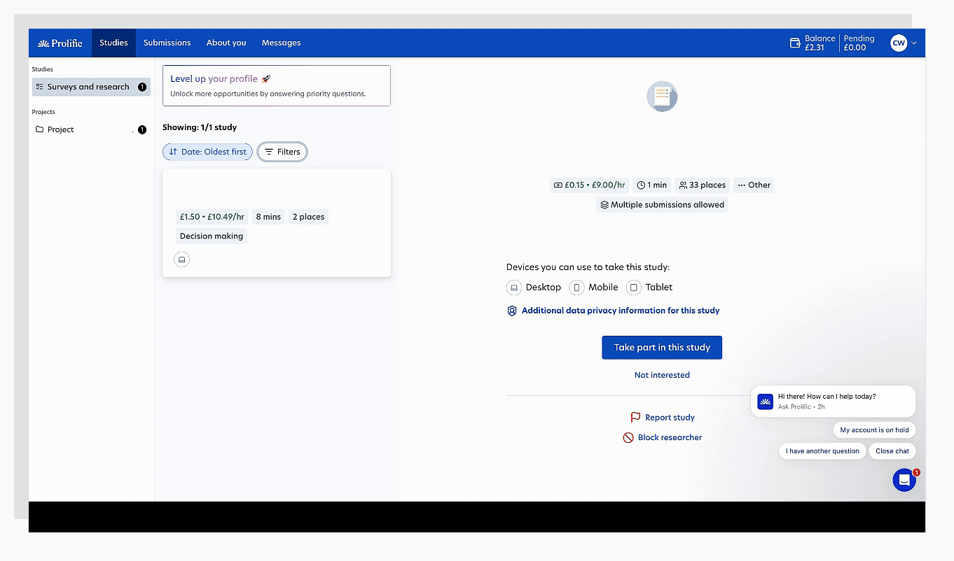 Studies dashboard with filters for reward, completion time, device type, and study requirements.