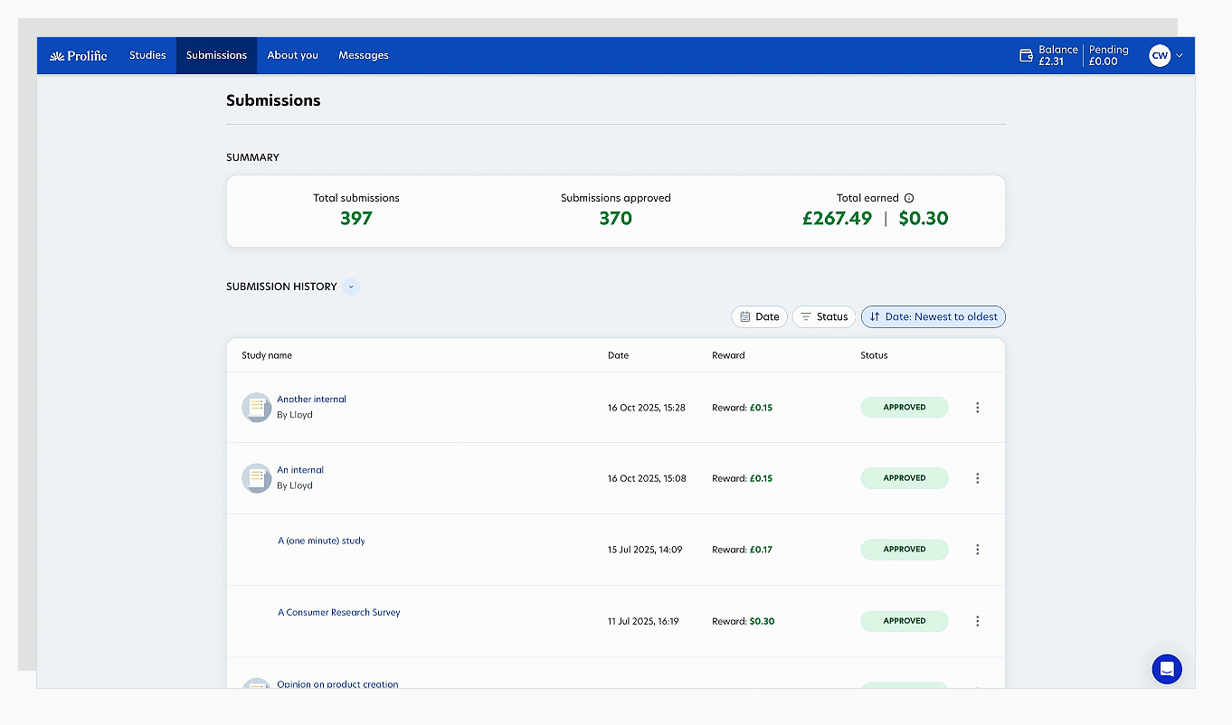 Submissions page showing approved work, pending review, and filtered study history.