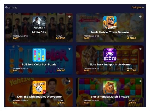 The gaming dashboard is where I spent the most time comparing reward amounts and choosing realistic offers.