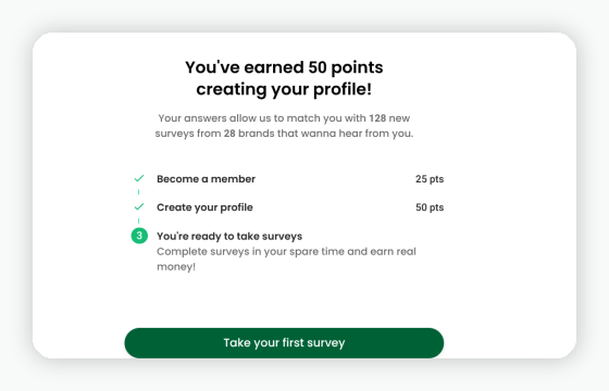 Profile progress after setup, showing points earned from the account setup steps.