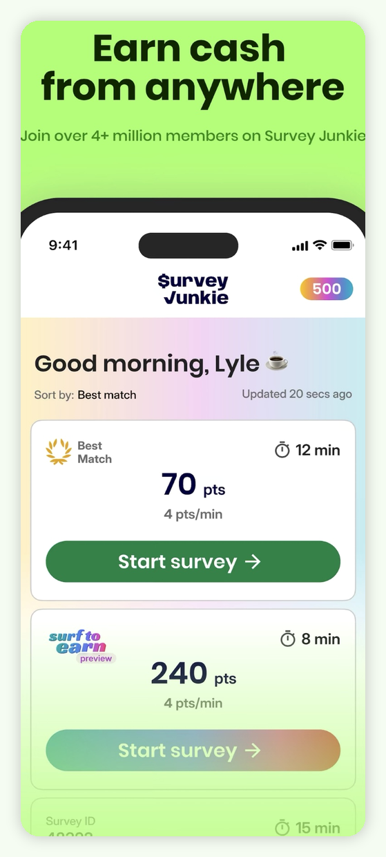 Mobile dashboard view with survey offers and point values shown before starting.