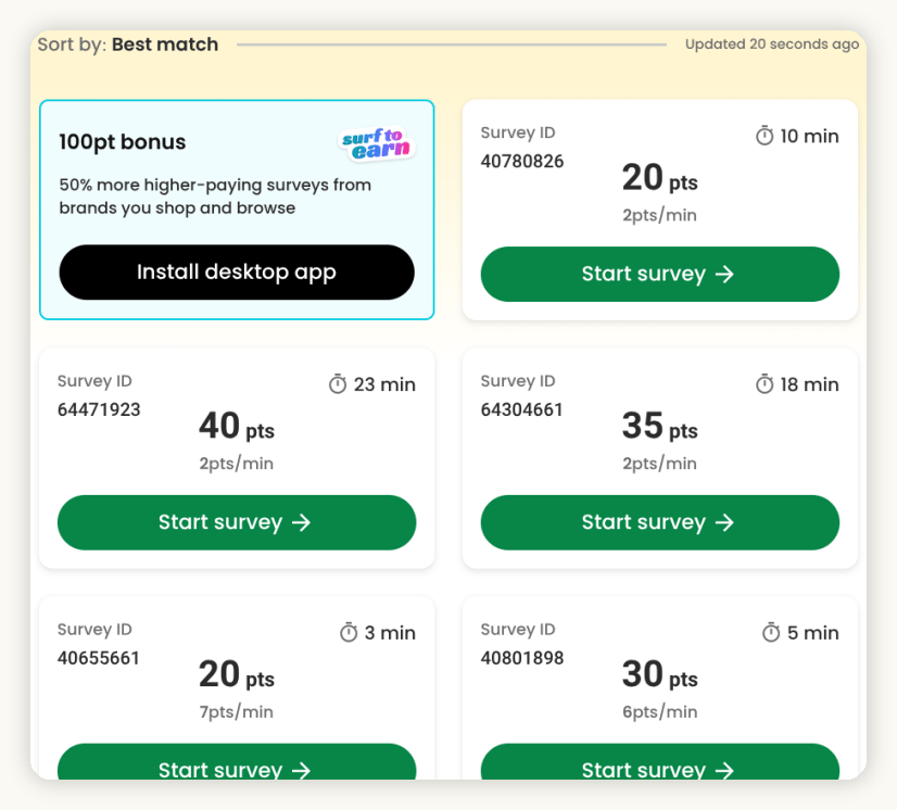 The survey dashboard shows points and estimated time before starting a survey.