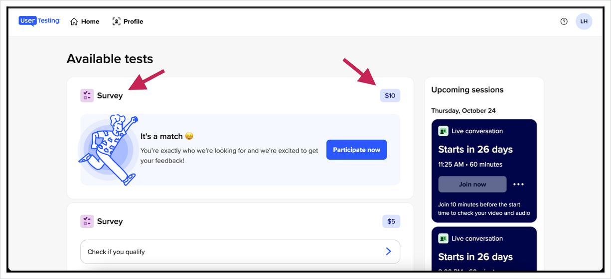 Inside the UserTesting dashboard: available tests, reward amounts, and upcoming live sessions.