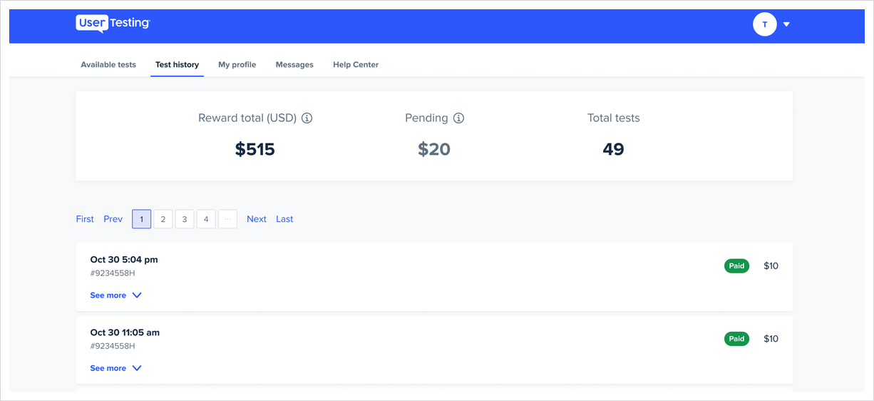The Test history area shows reward totals, pending money, paid tests, and test status.