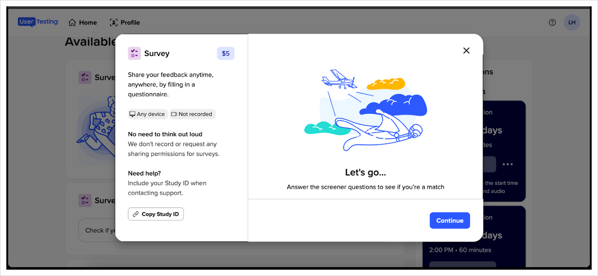A test details screen shows the reward, device rules, recording requirements, and the next action.