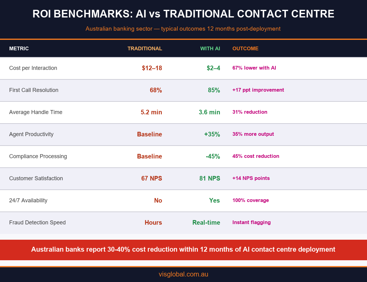 ROI benchmarks AI versus traditional contact centre Australian banks 2026