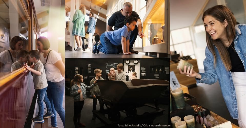 Kolasj med bilder fra utstillingene ved Orkla Industrimuseum