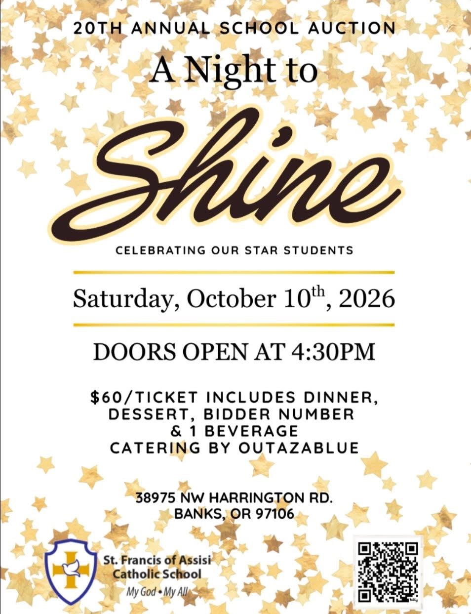 St. Francis of Assisi Catholic School 20th Annual School Auction, A Night to Shine, Saturday October 10, 2026, doors open 4:30 PM, $60 tickets