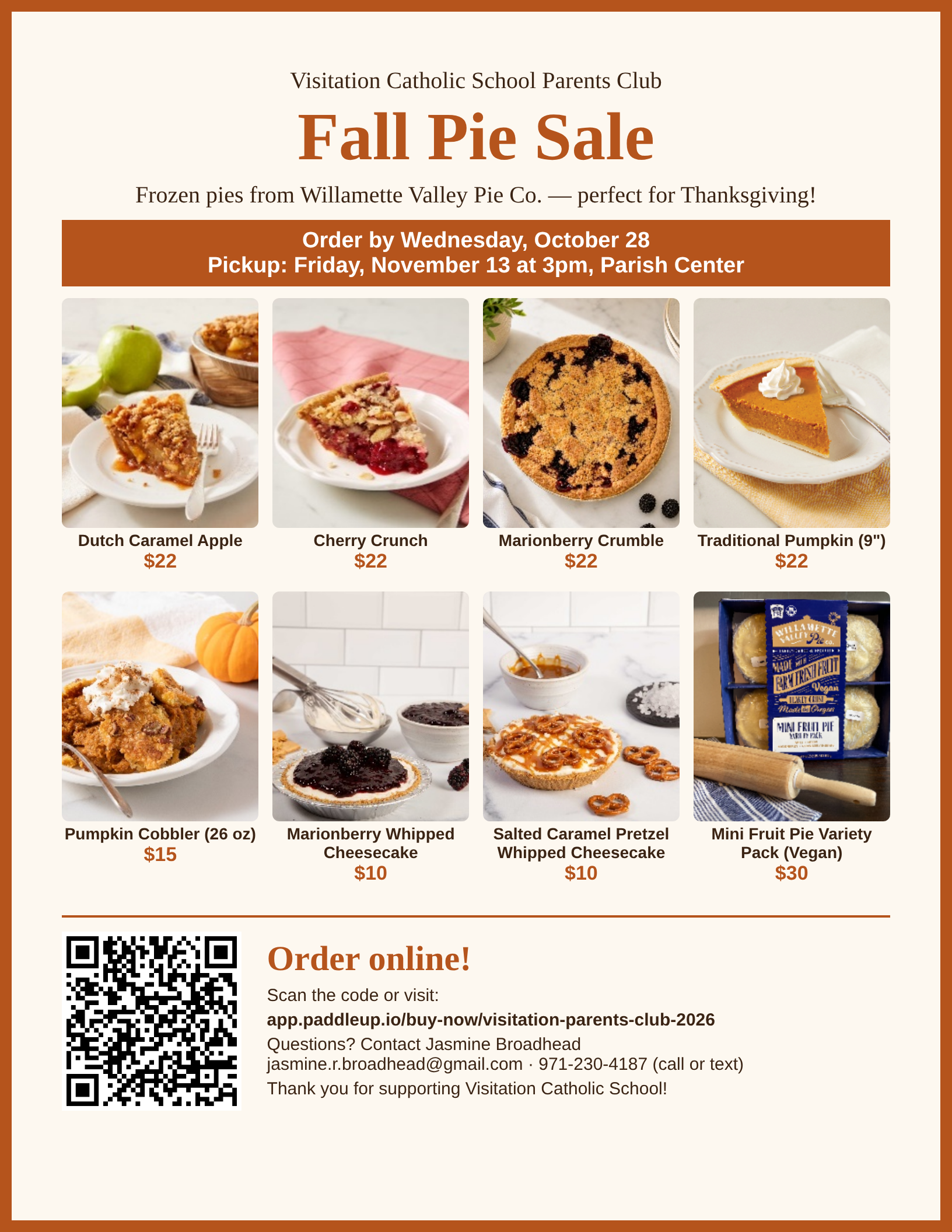 Visitation Catholic School Parents Club Fall Pie Sale flyer: order pies by Wednesday, October 28; pickup Friday, November 13 at 3 PM at the Parish Center.
