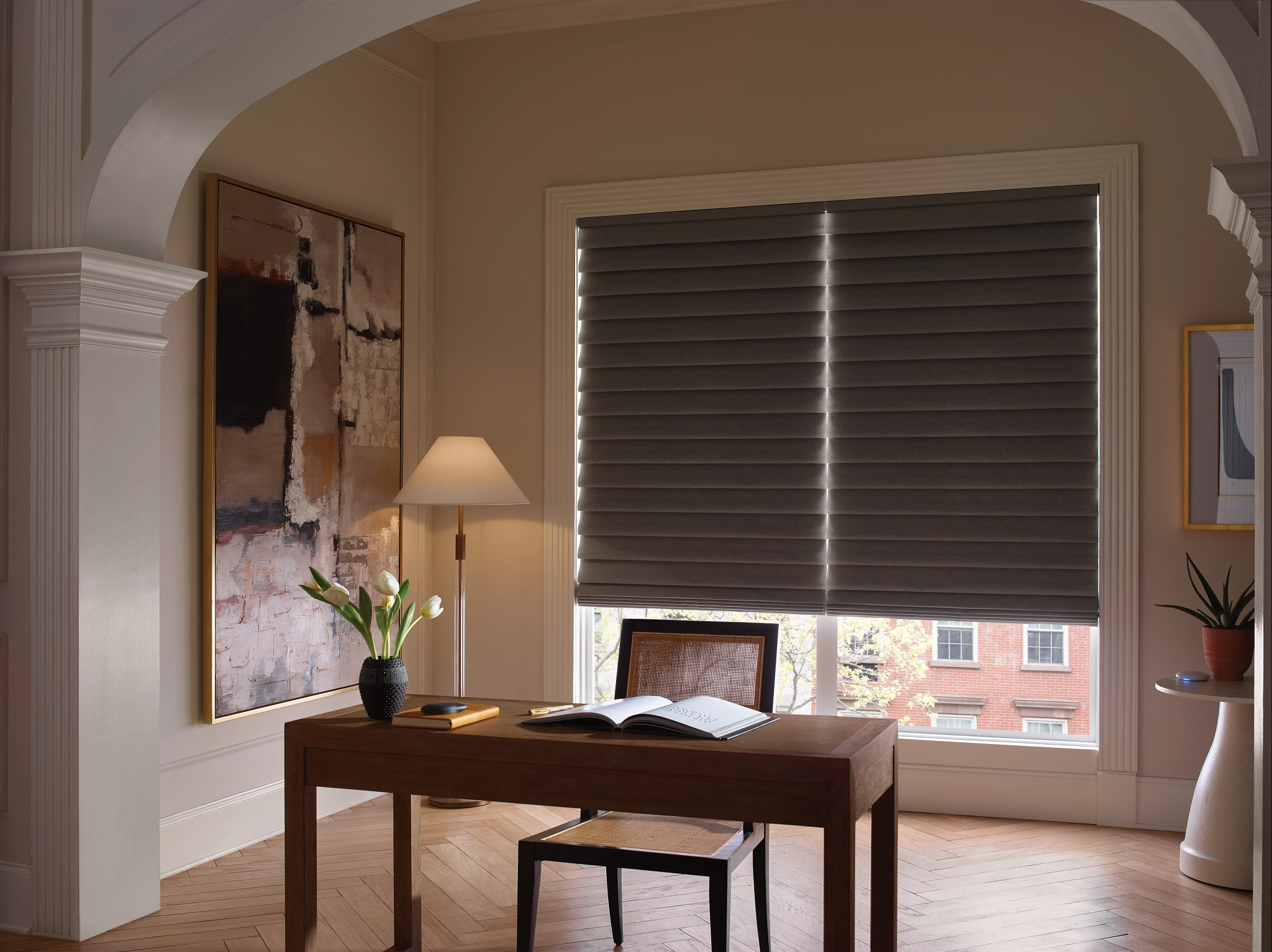 Dark Gray black out roman shades in office by VistaShades Victoria