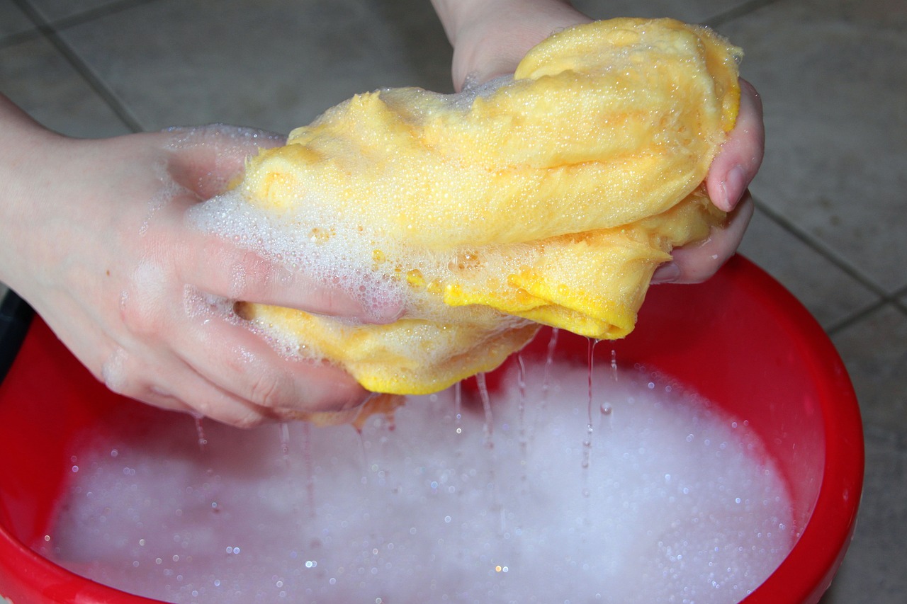 Red bucket with soapy water, hands wringing out cloth