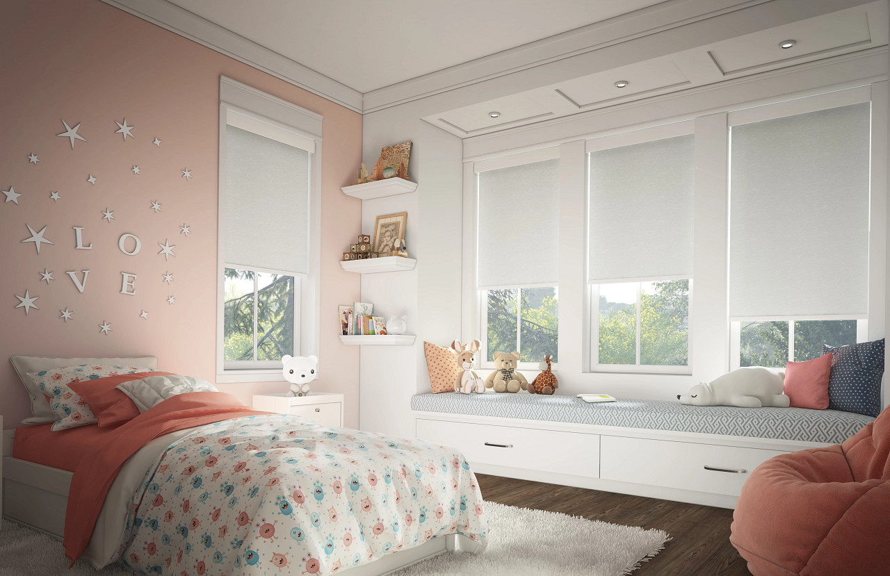White rolller shades in bedroom setting