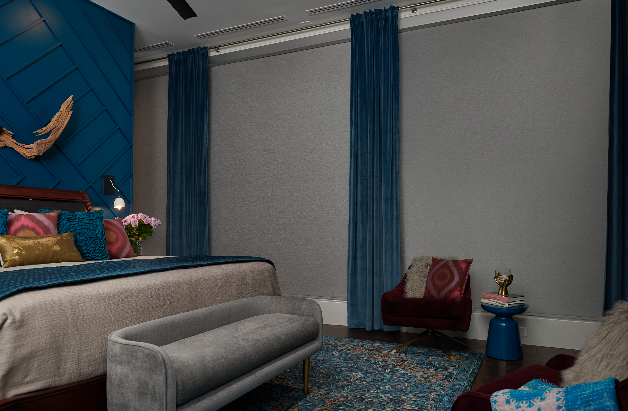 Grey Blackout Roller Shades in Bedroom