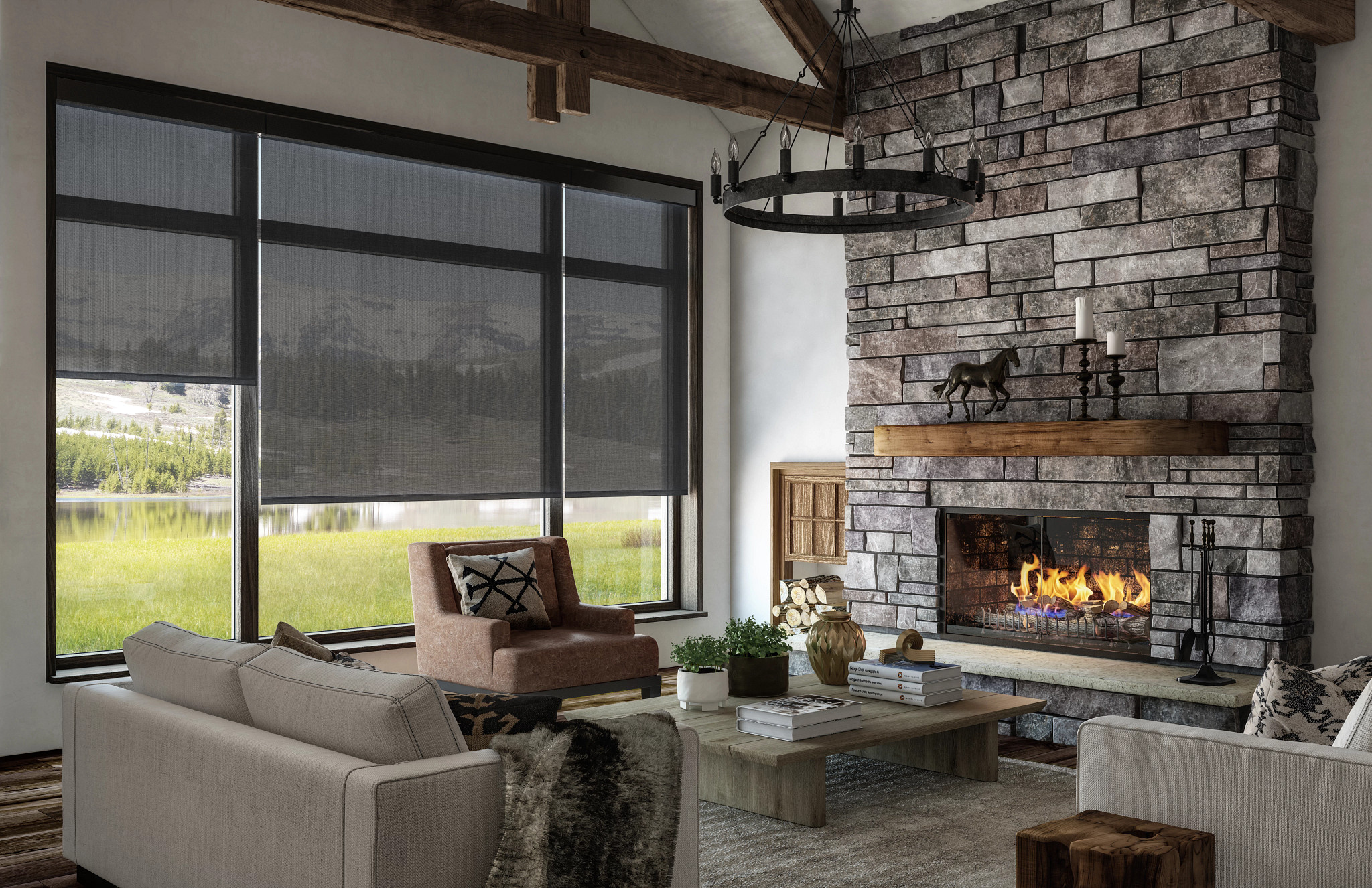 Living room with fireplace and Black Solar Roller Shades