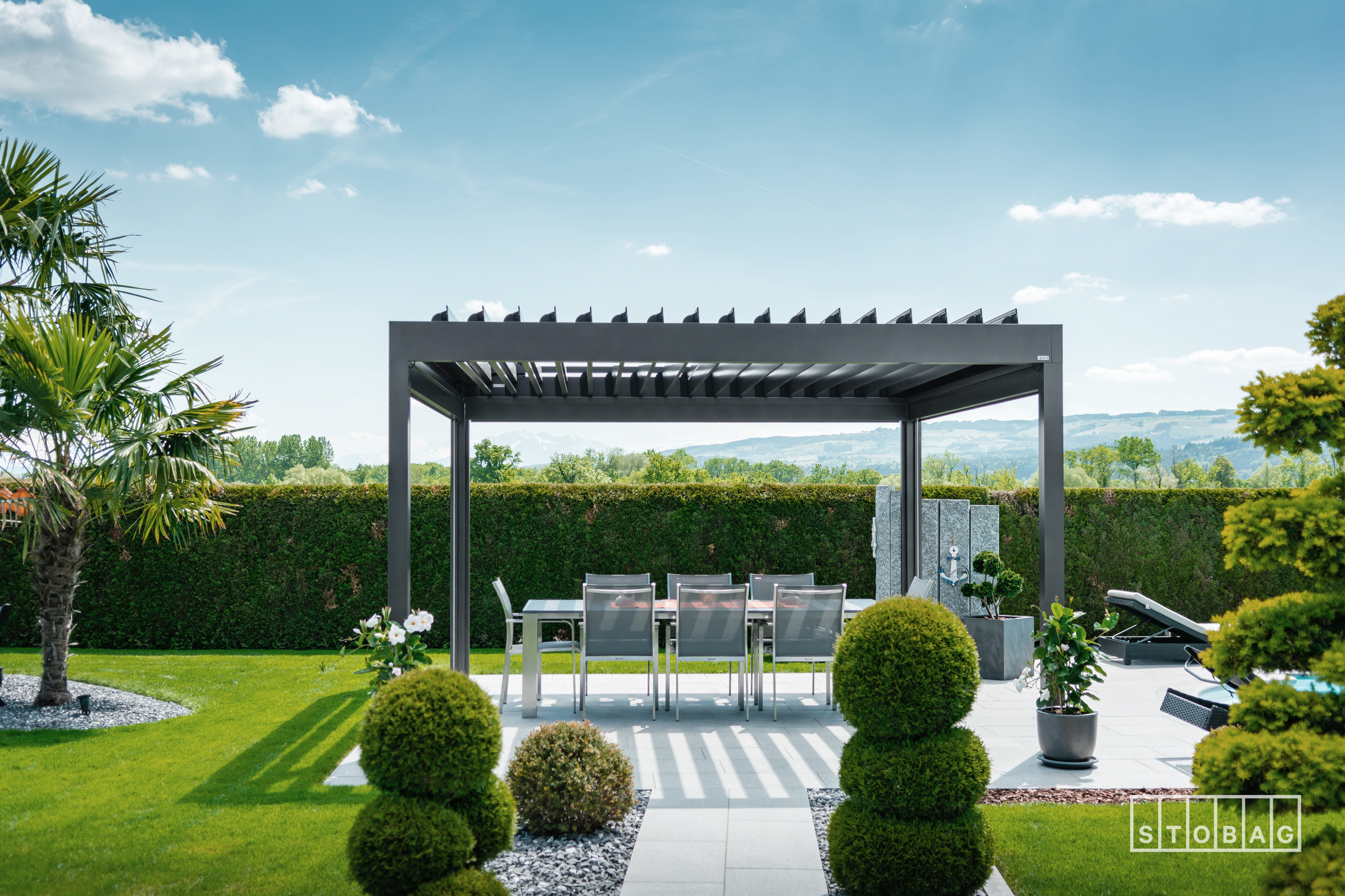 black free standing patio cover by VistaShades Chilliwack