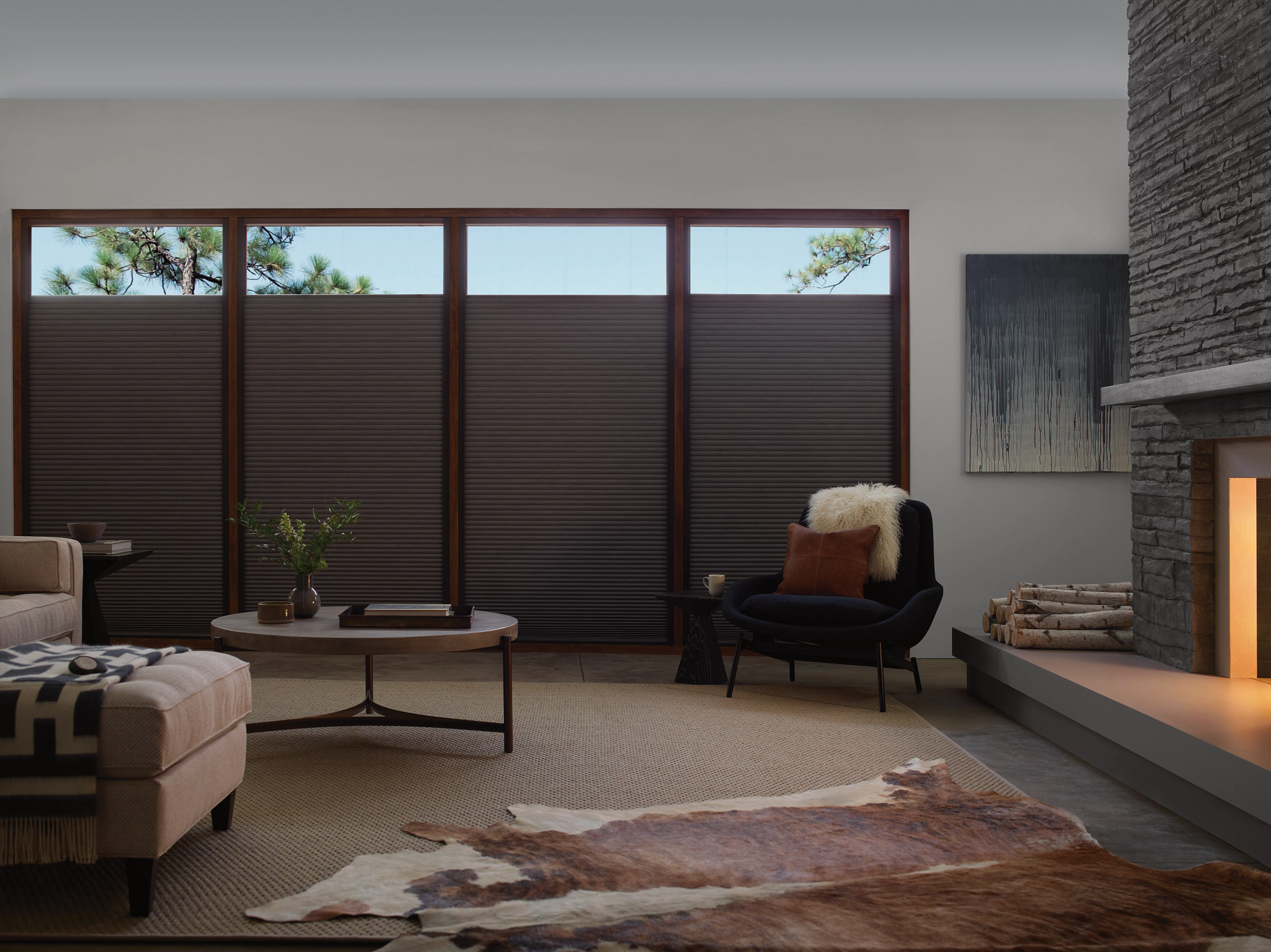 Living room dark brown black out shades by VistaShades Victoria