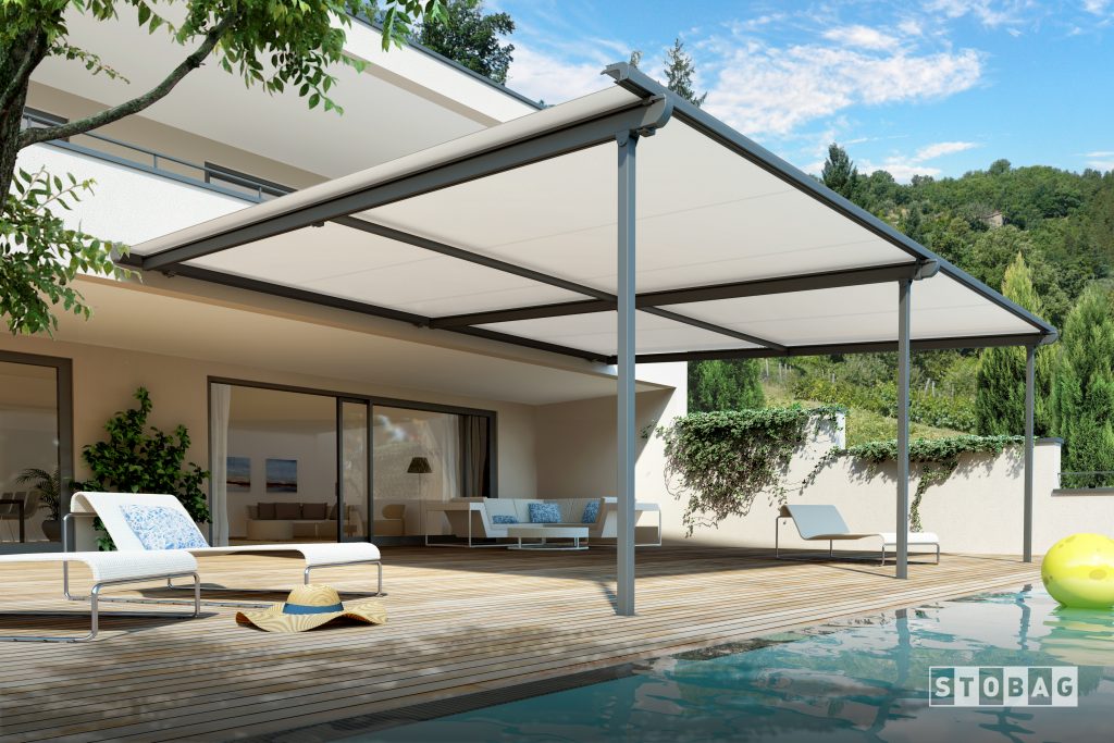 pergolino awning by pool in backyard