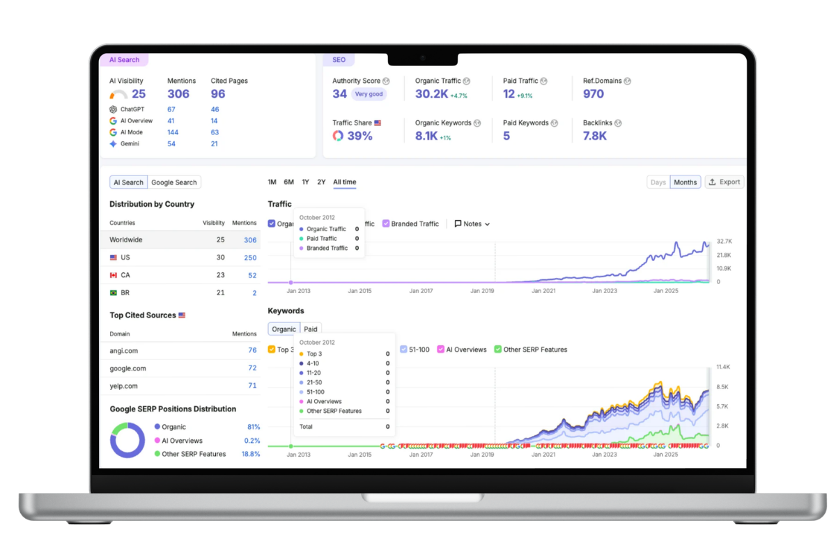 Domain overview dashboard showing SEO authority, traffic, and keyword performance