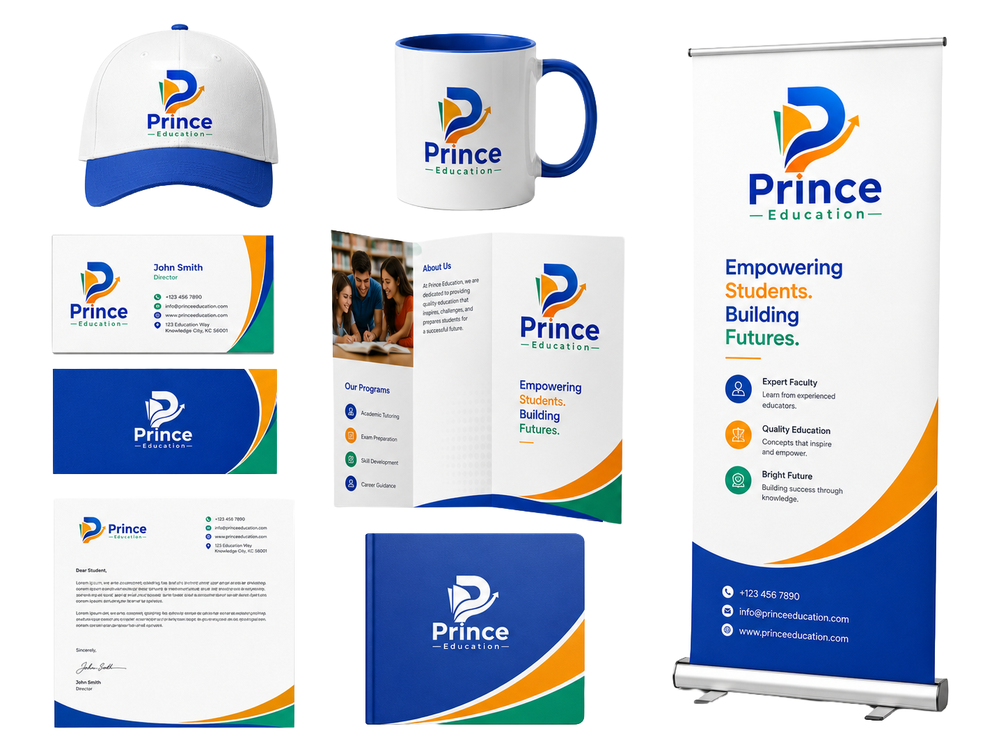 Prince Education logo system applied across cap, mug, stationery, brochure, and banner