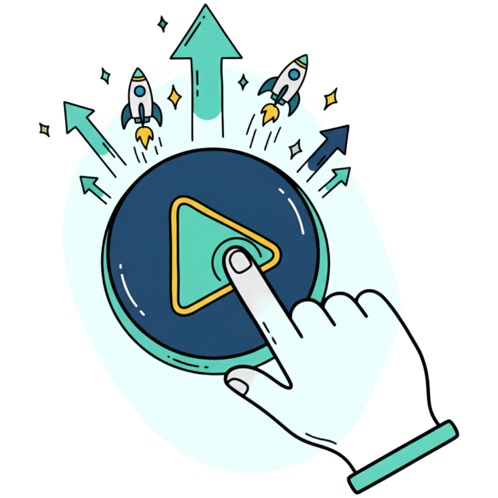Ilustração de um botão de play sendo pressionado, simbolizando o início de uma jornada de sucesso.