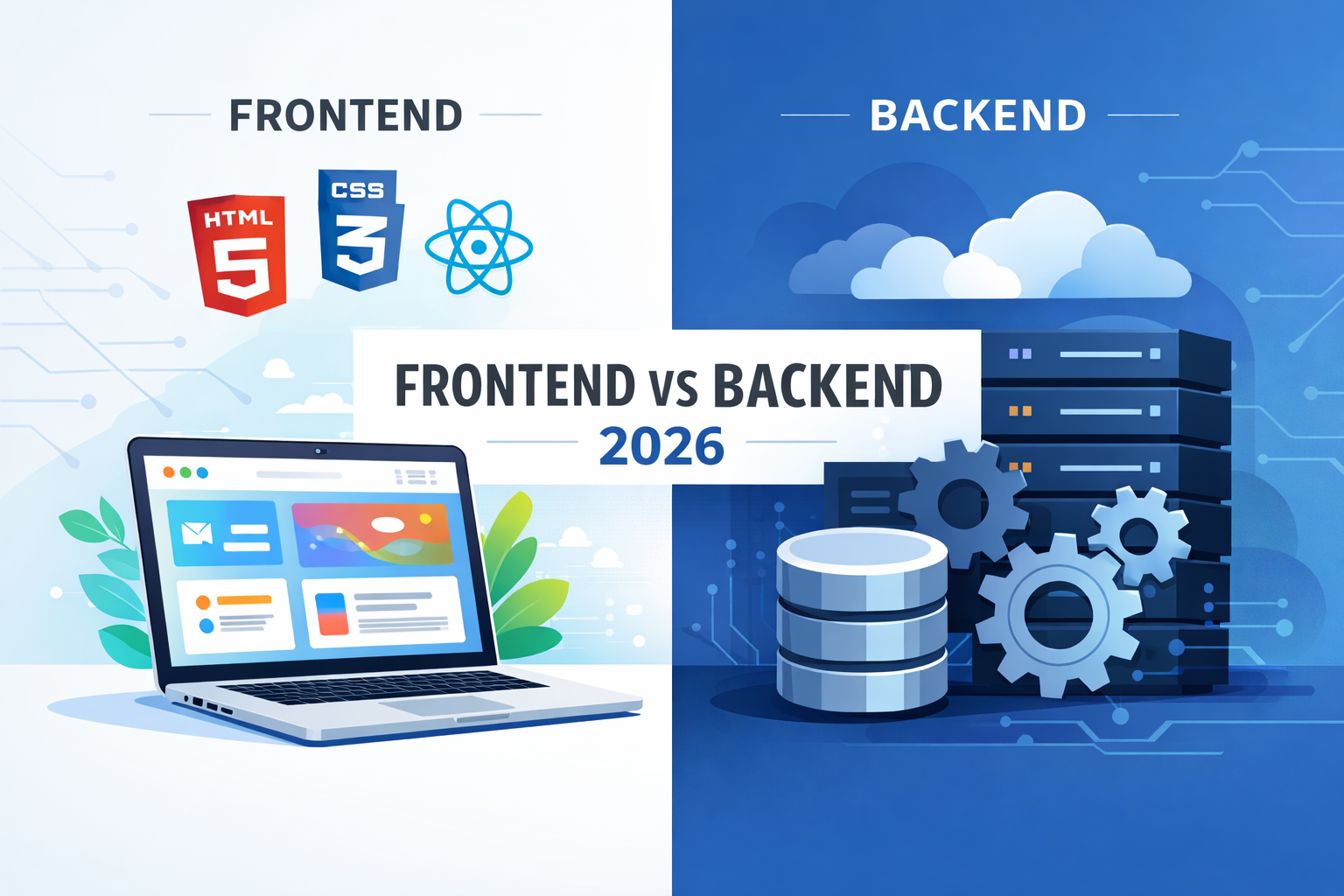 Frontend vs Backend development roadmap 2026 concept showing UI and server architecture.