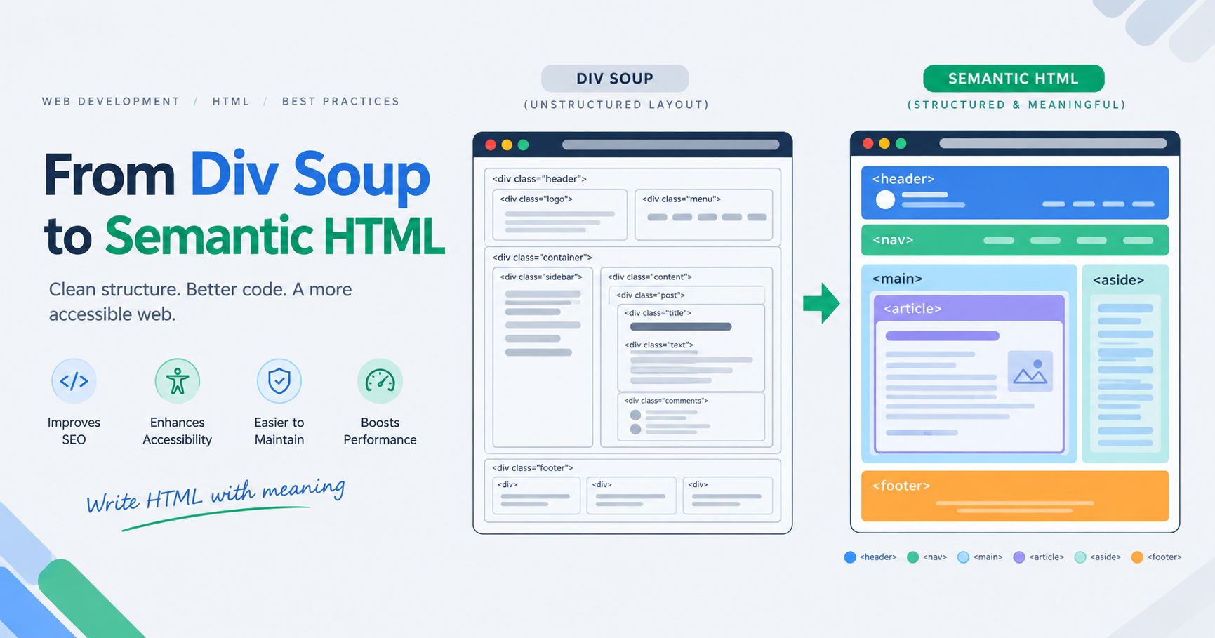 Semantic HTML Structure vs Non Semantic Layout Diagram by Vivaa Technologies