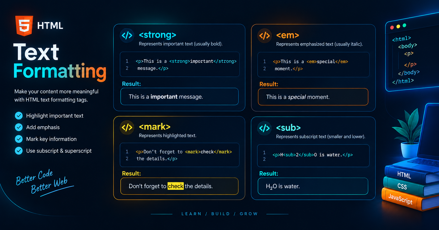 HTML text formatting tags code examples with strong em and mark elements by Vivaa Technologies