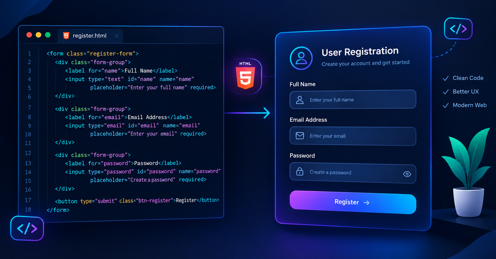 HTML forms guide banner showing form input elements and code on a modern web developer workspace desk.