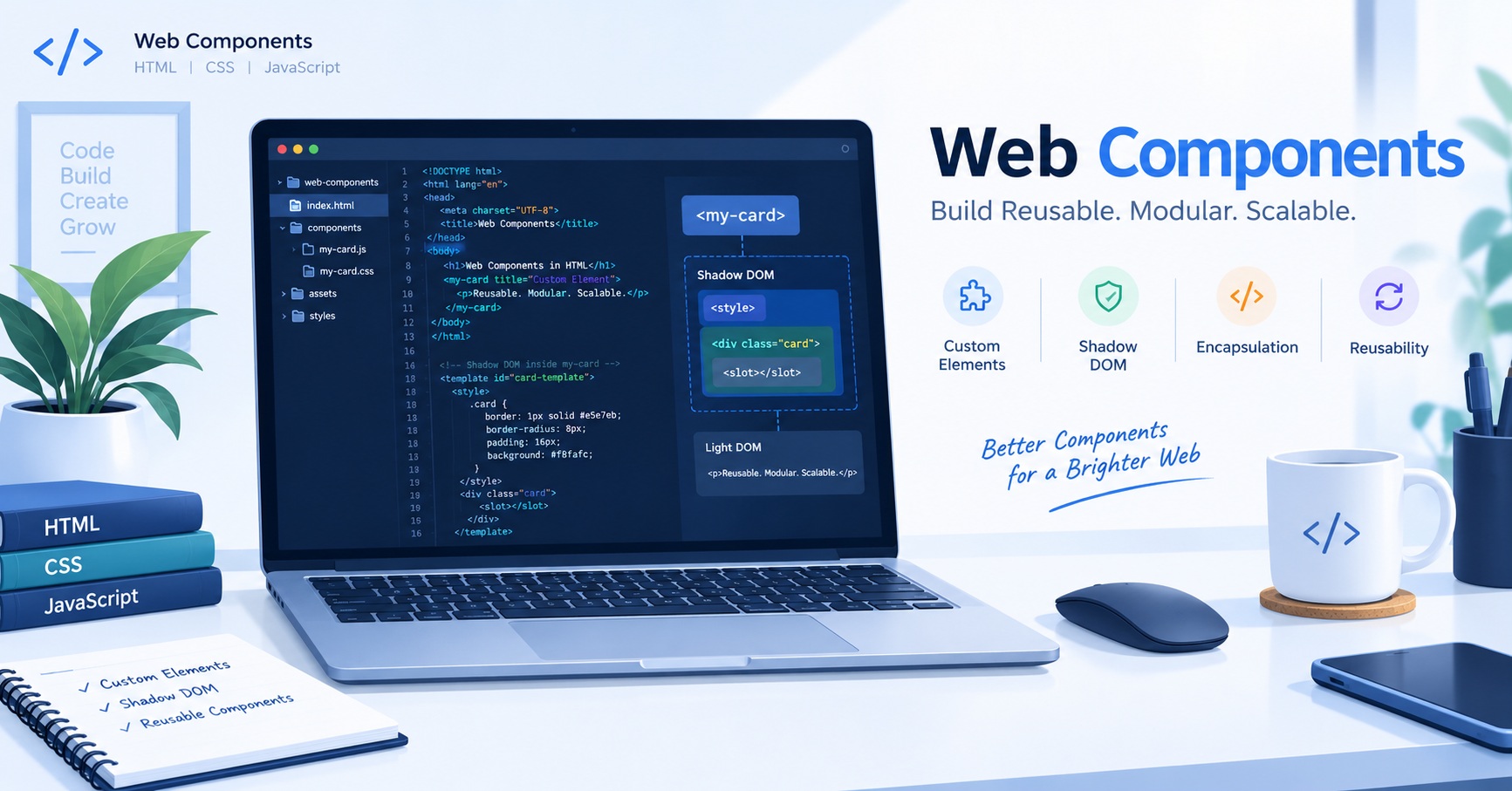 Web Components in HTML guide concept showing custom tags and shadow DOM structure on developer desktop screen