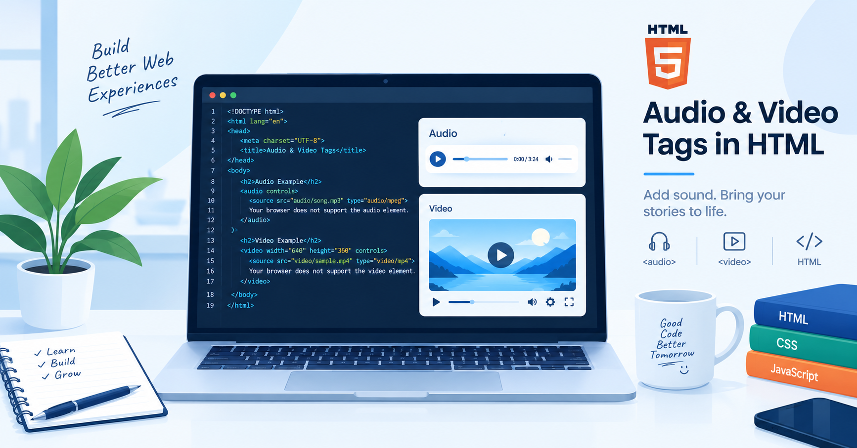 HTML multimedia tags coding concept showing audio and video elements on developer screen