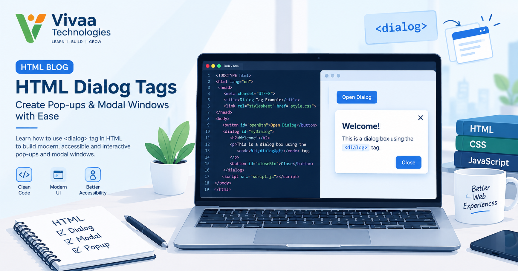 Dialogs and pop-ups in HTML coding concept showing modal window structure on developer screen