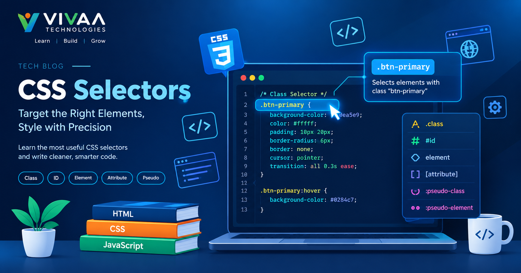 Minimalist illustration showing CSS code structure and selector targeting HTML elements with modern tech colors.