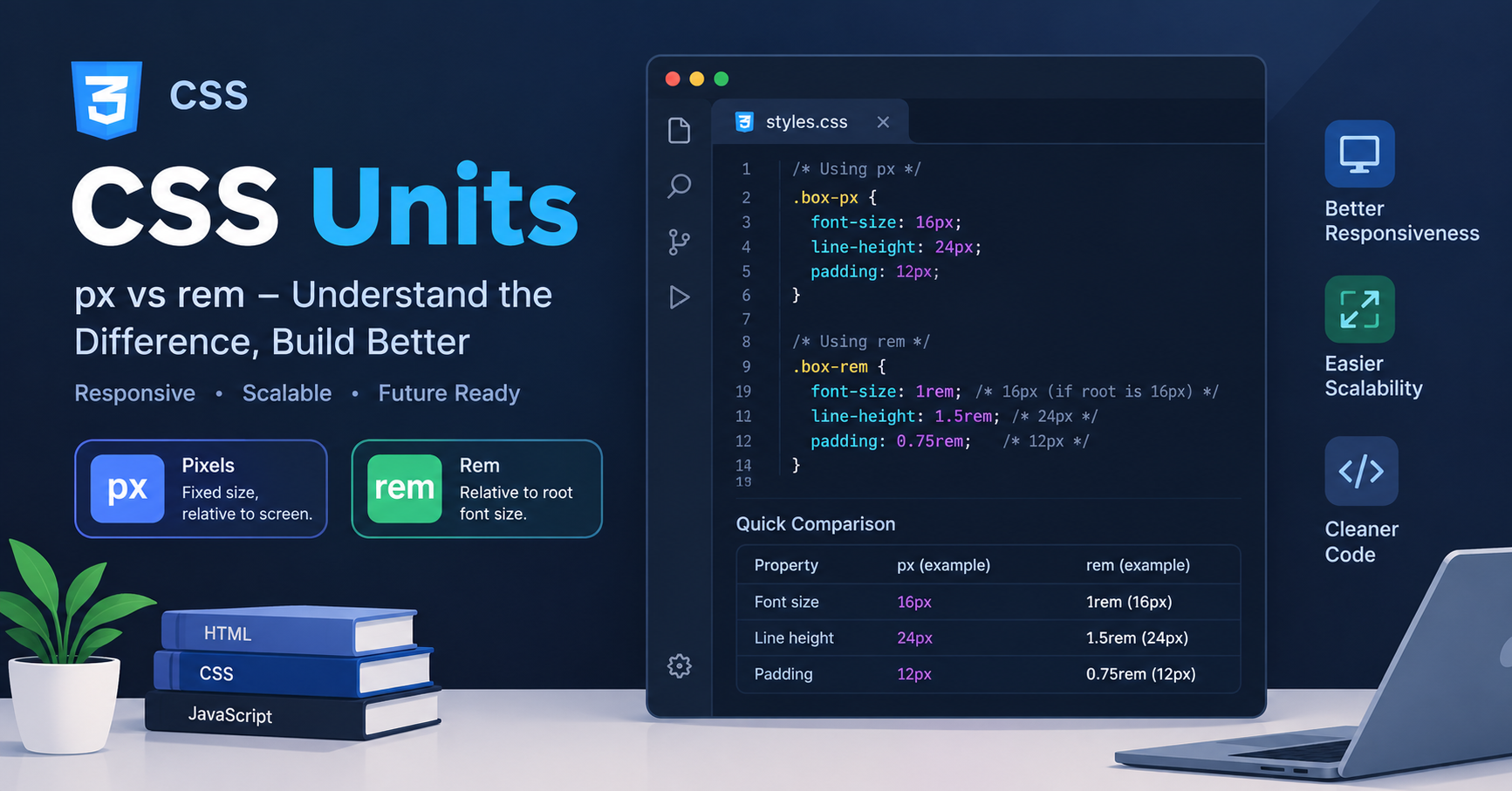 CSS units reference guide showing absolute and relative units like pixels rem and viewport units on a clean developer screen