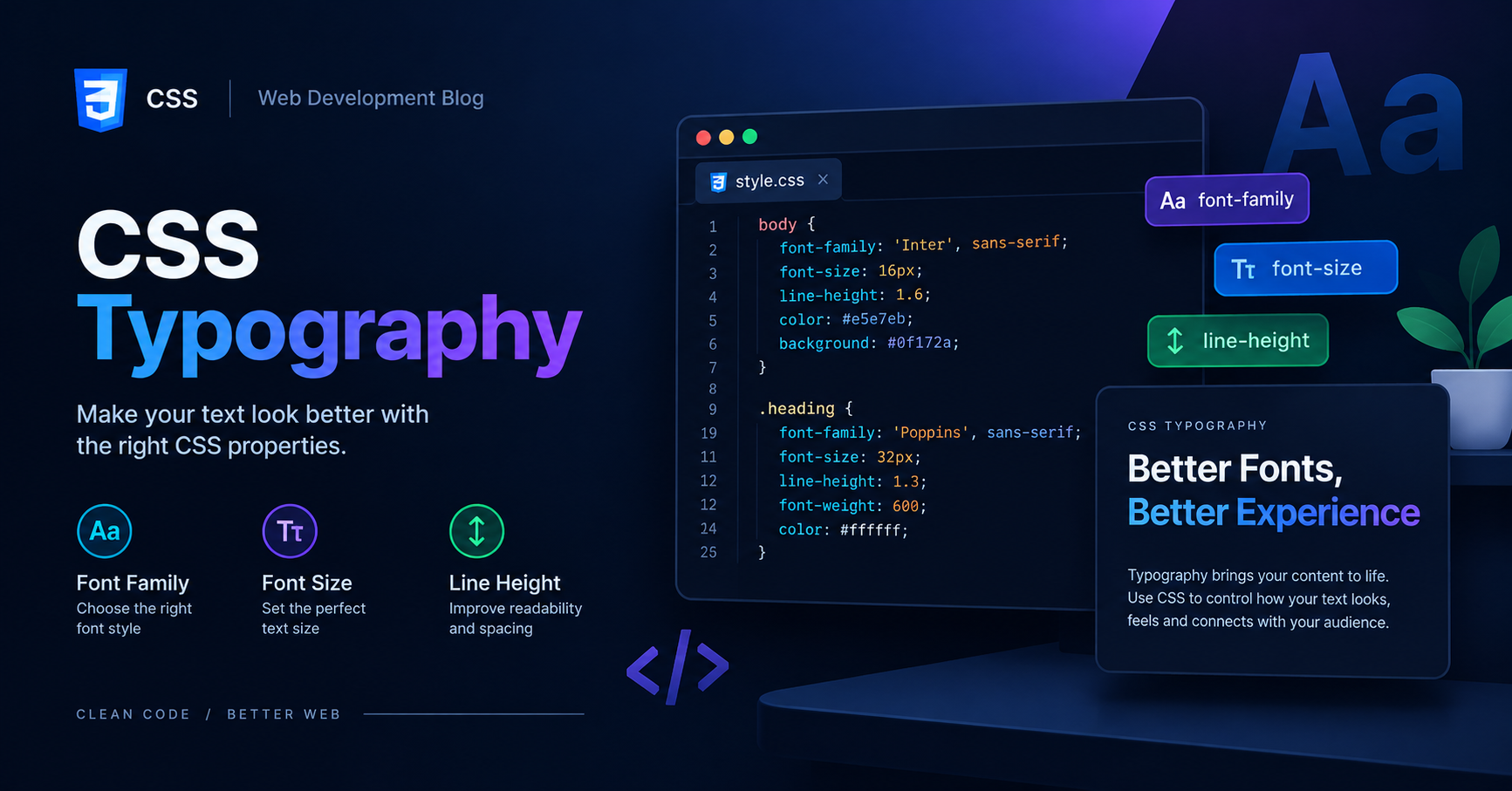 Typography in CSS guide and font styling code on a computer screen for web developers