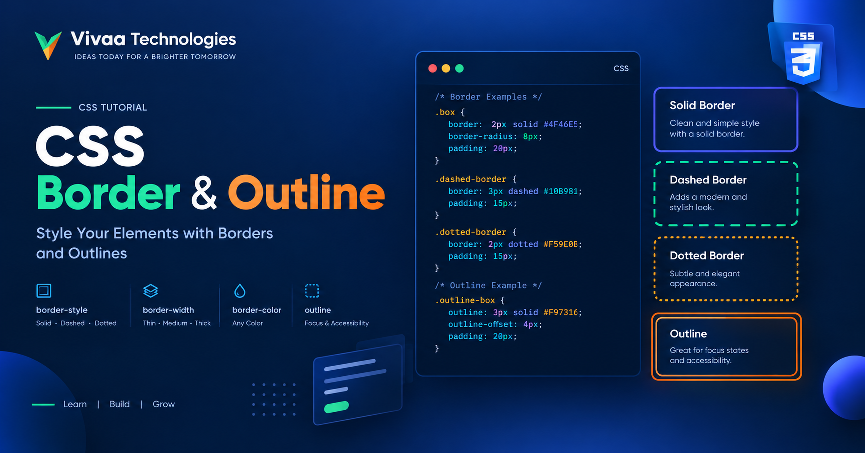 CSS borders and outlines code example on a dark screen background