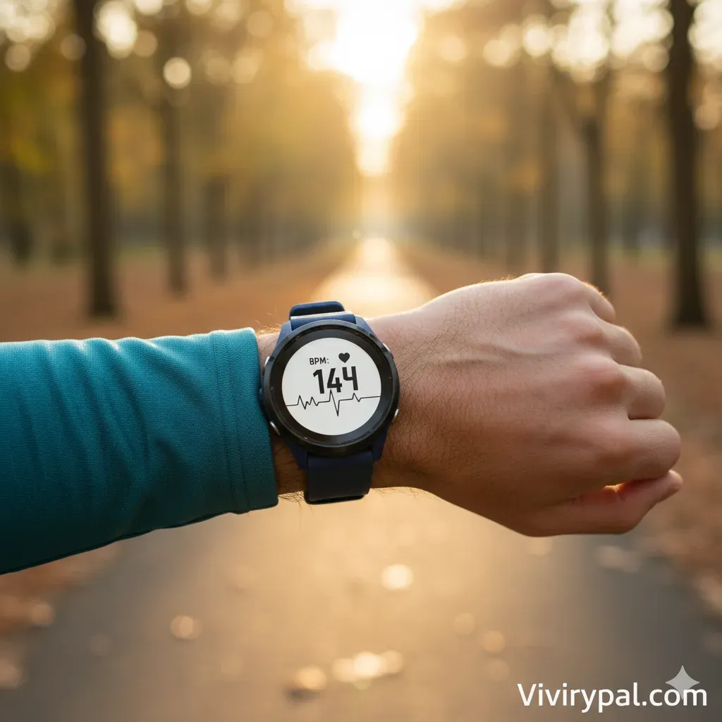 pulsometro-latidos-corazon Primer plano de un reloj inteligente mostrando la frecuencia cardíaca durante un entrenamiento de CACOS, técnica recomendada para el control del esfuerzo en Vivirypal.com.