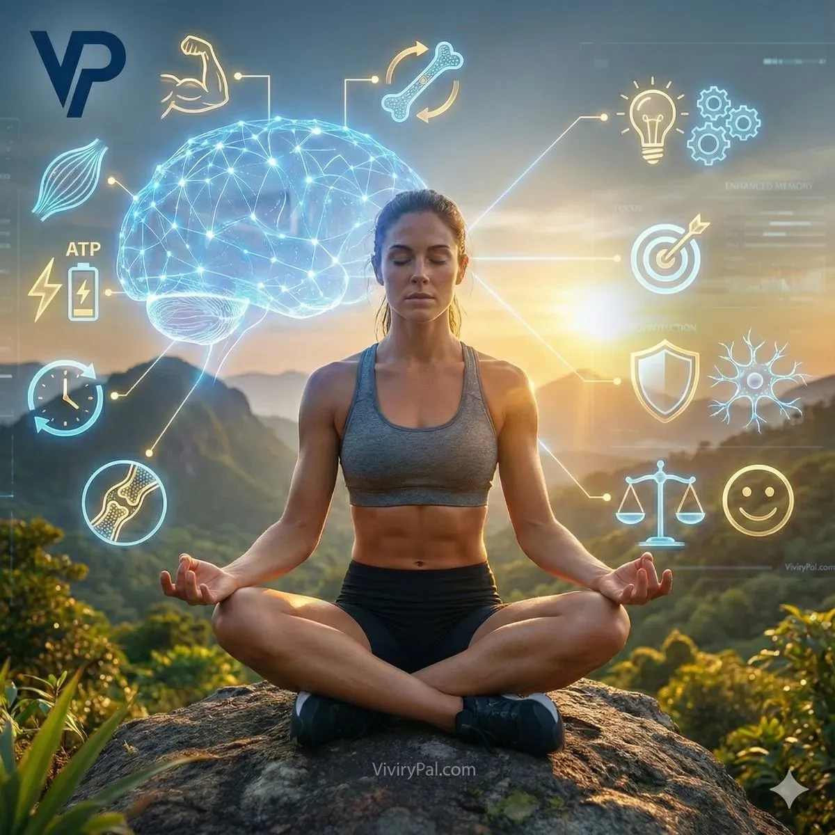 Infografía de ViviryPal con una mujer meditando en la naturaleza. Destaca los beneficios no deportivos de la creatina, enfocándose en la salud cerebral (estado de ánimo, enfoque, memoria), la protección ósea y el bienestar general, demostrando su uso para la longevidad y la salud holística.
