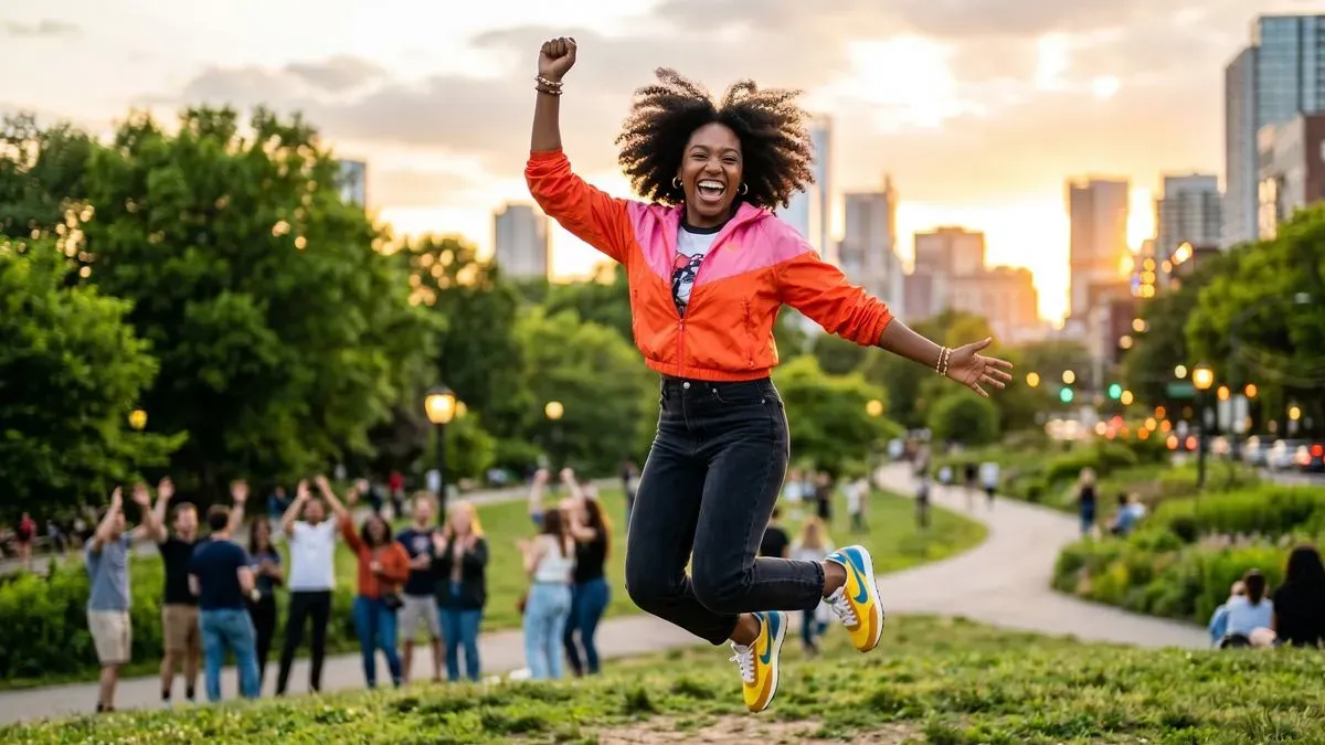 Fotografía hiperrealista de una mujer joven saltando con júbilo y expresión de total confianza en un parque urbano durante el atardecer; de fondo, un grupo de personas celebra y se ve el skyline de la ciudad, simbolizando el éxito emocional y la liberación tras superar el miedo al fracaso.